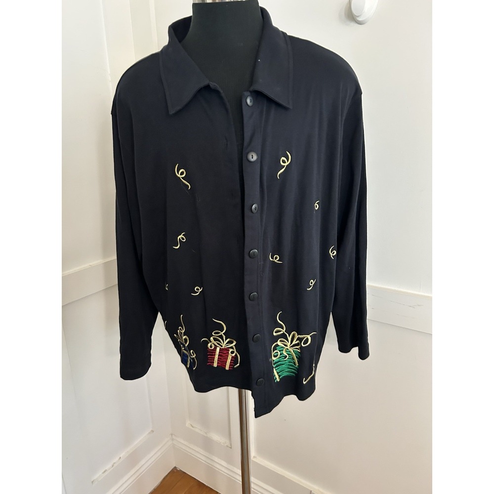 Vintage Bechamel Christmas Cardigan Jacket Sz 2X Presents Bows Black Jersey